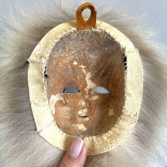 🛑 Vintage Handmade Native Inuit Eskimo Leather Fur Skin Mask Wall Hang - Picture 5 of 6